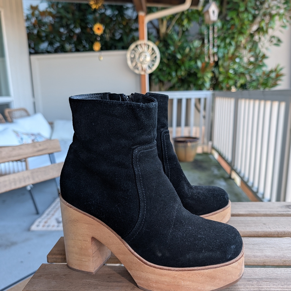 Black Suede Ankle Boots with Wooden Heel